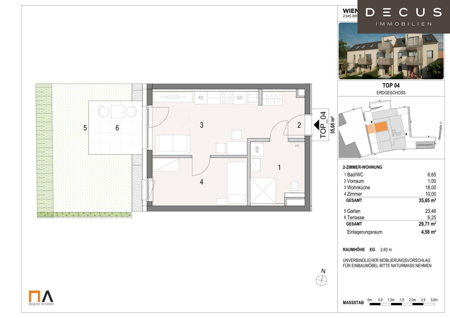 Grundriss einer 2-Zimmer-Wohnung im Erdgeschoss mit offener Wohnküche, Schlafzimmer, Bad, Garten und Terrasse.