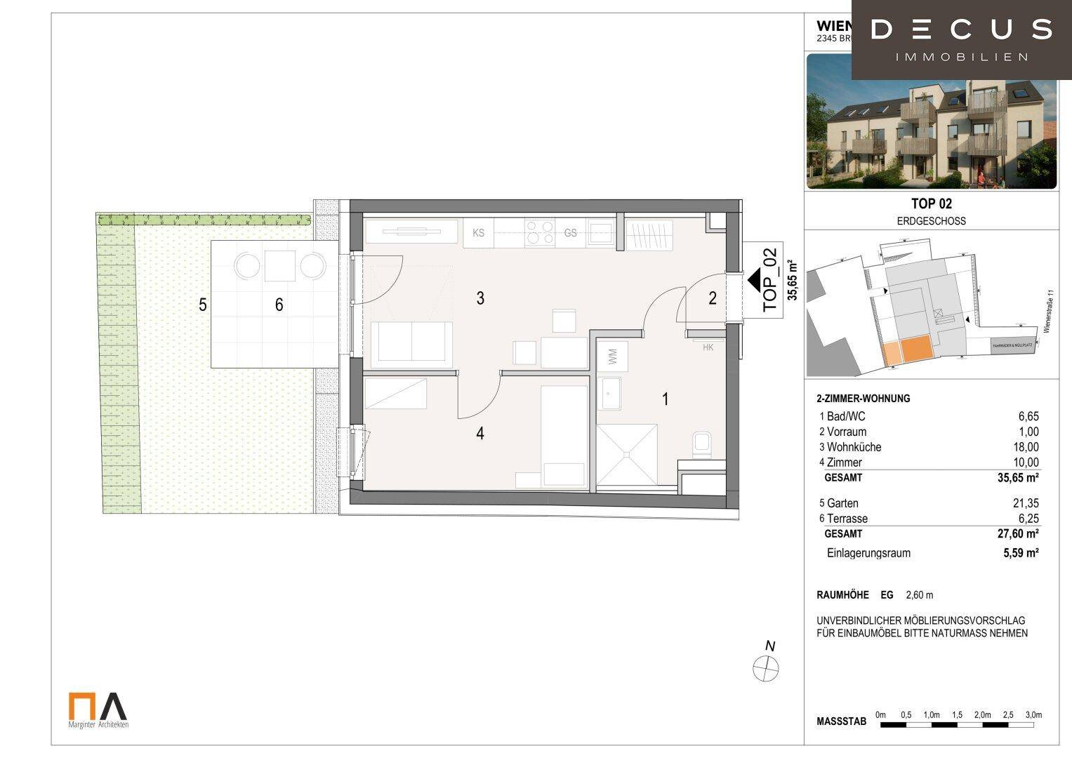 Grundriss der Erdgeschosswohnung TOP 02 mit Wohnküche, Schlafzimmer, Bad und großzügiger Terrasse.