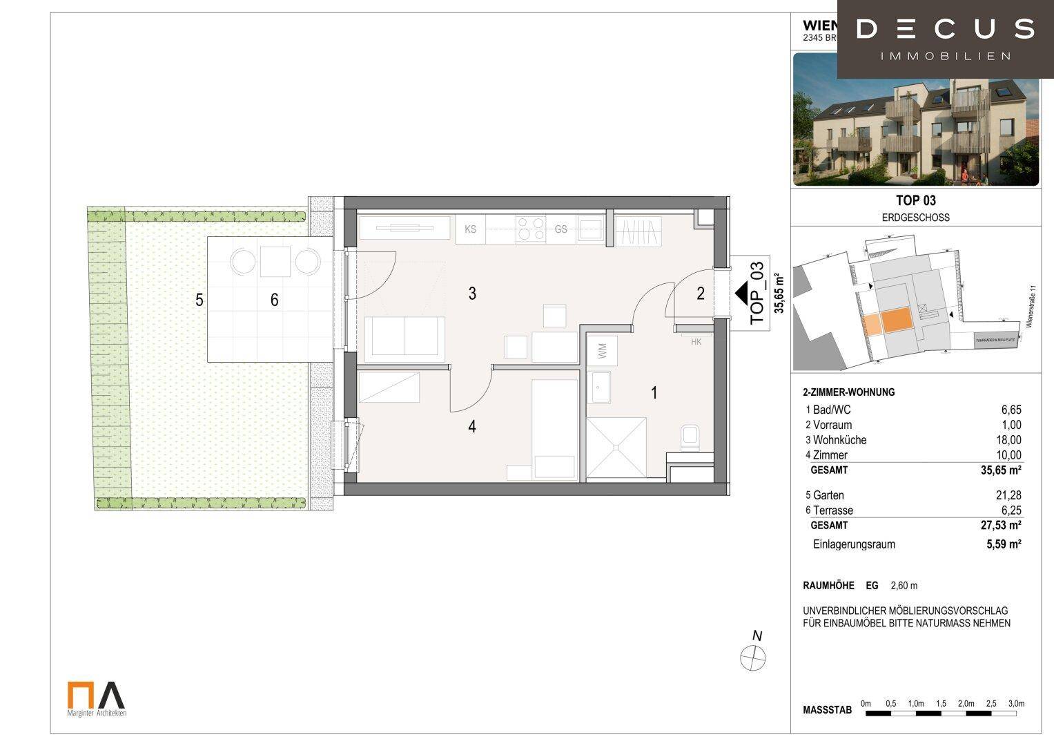 Grundriss der Erdgeschosswohnung TOP 03 mit Wohnküche, Schlafzimmer, Bad und privatem Gartenbereich.