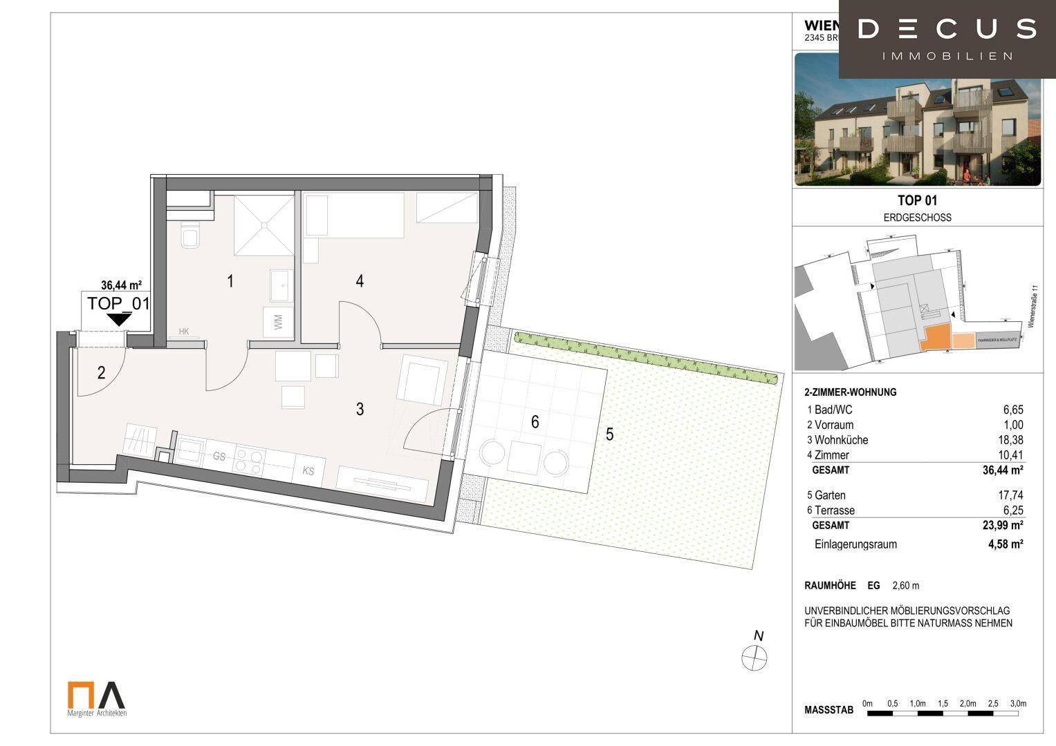 Grundriss der Erdgeschosswohnung TOP 01 mit Wohnküche, Schlafzimmer, Bad und Gartenzugang.