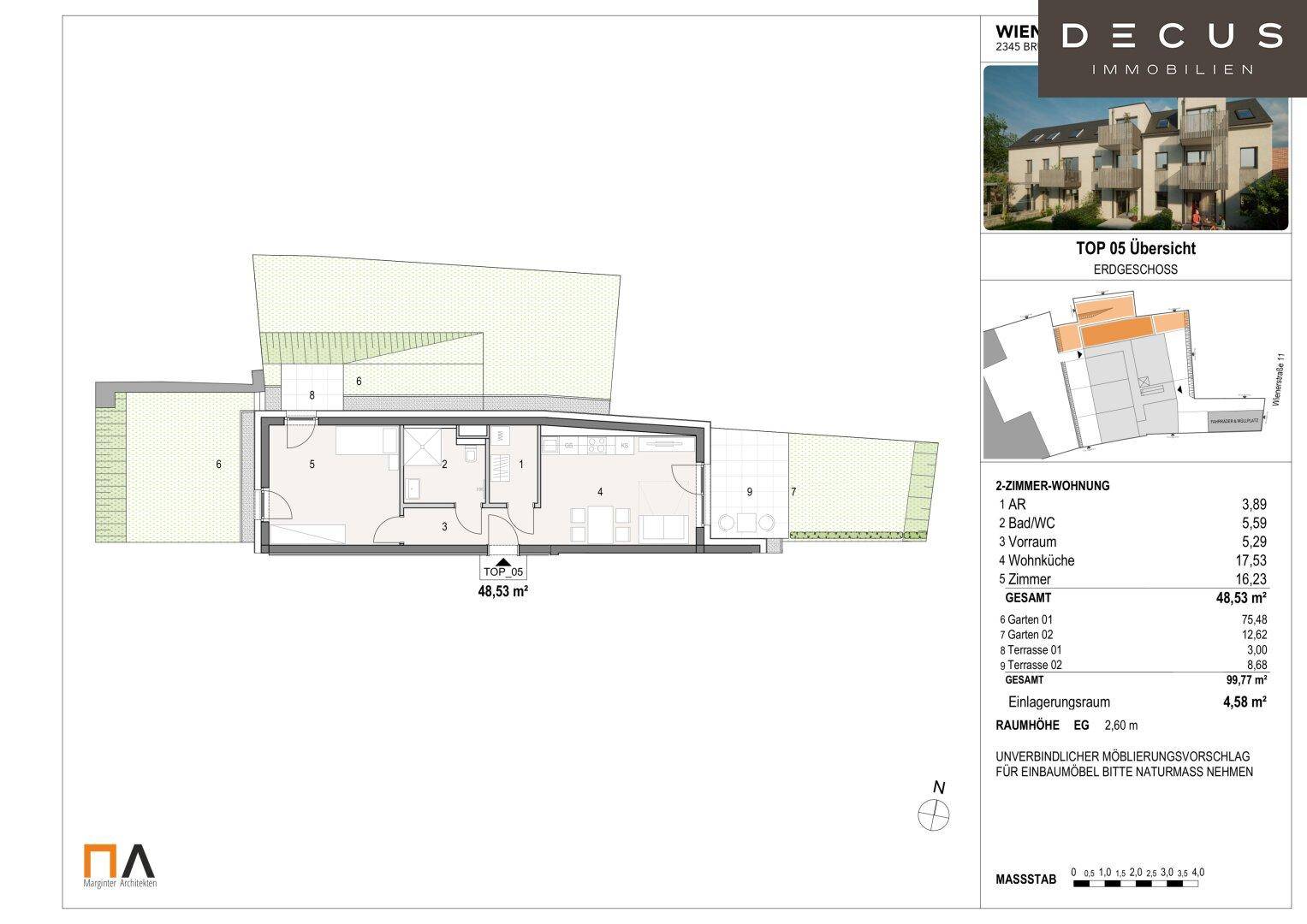 Grundriss der Erdgeschosswohnung TOP 05 mit langgestrecktem Wohnbereich und zwei Garten-/Terrassenbereichen.