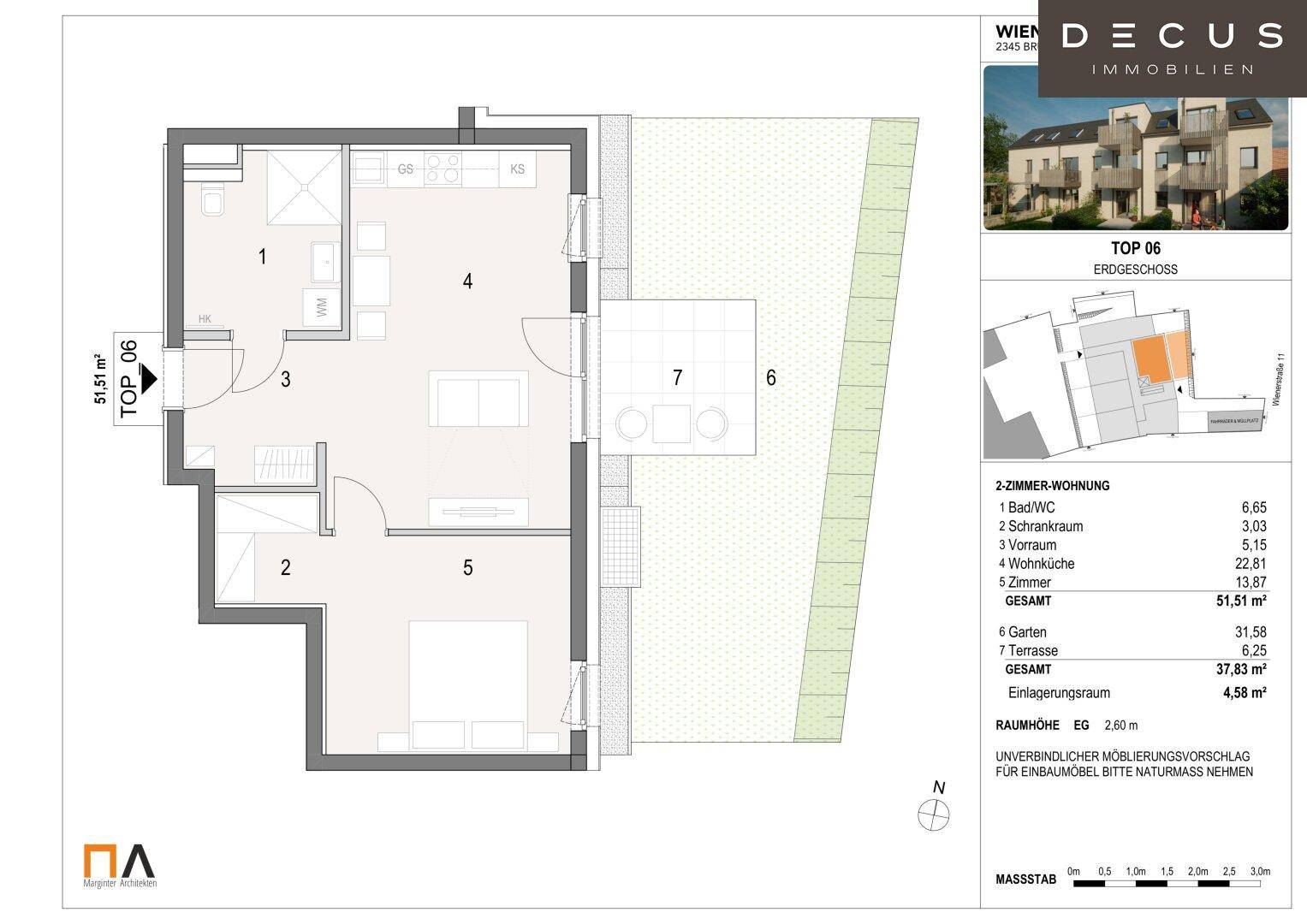 Grundriss der Erdgeschosswohnung TOP 06 mit Wohnküche, Schlafzimmer, Bad und privatem Gartenbereich.