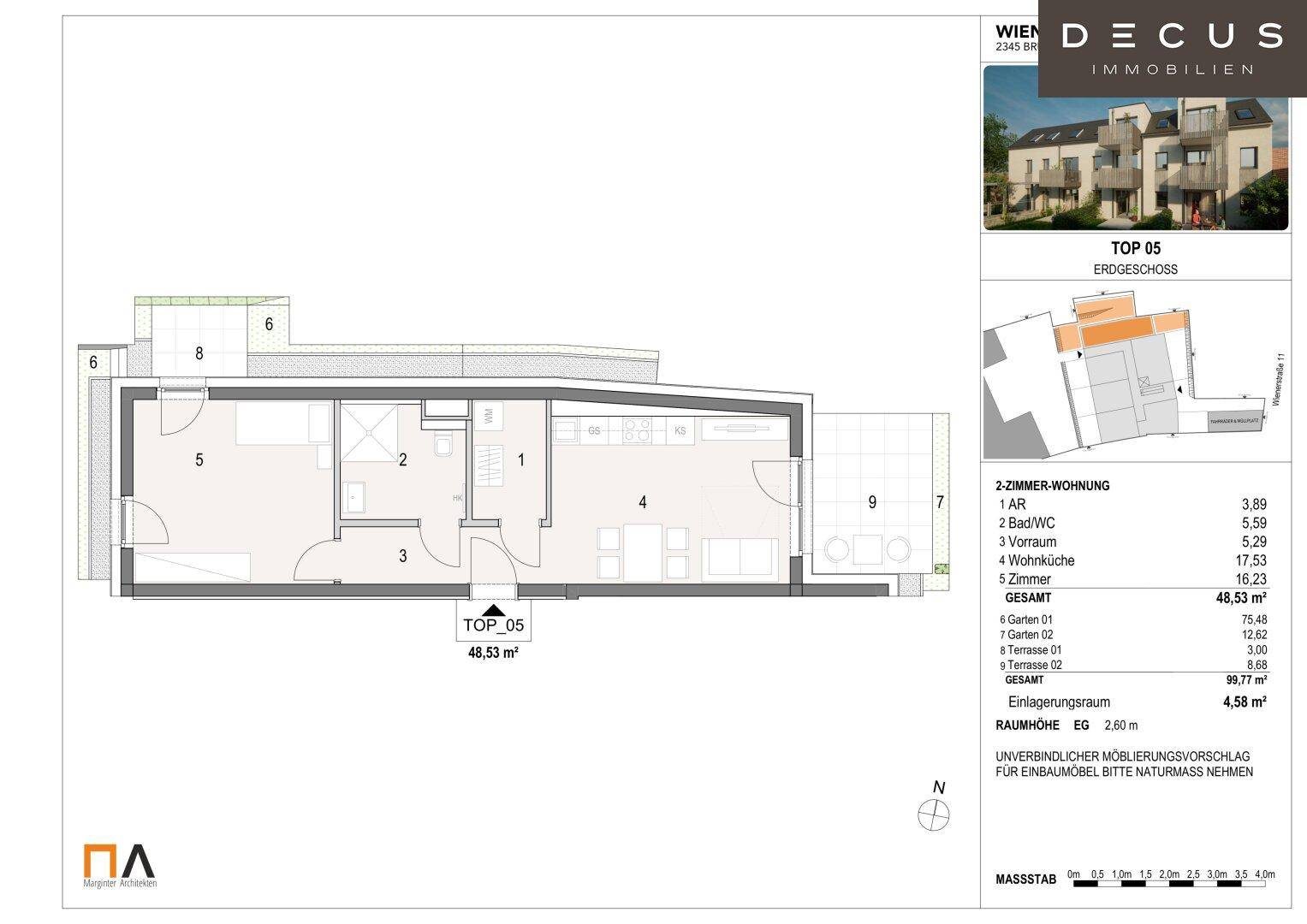 Grundriss der Erdgeschosswohnung TOP 05 mit langgestrecktem Wohnbereich und zwei Garten-/Terrassenbereichen.