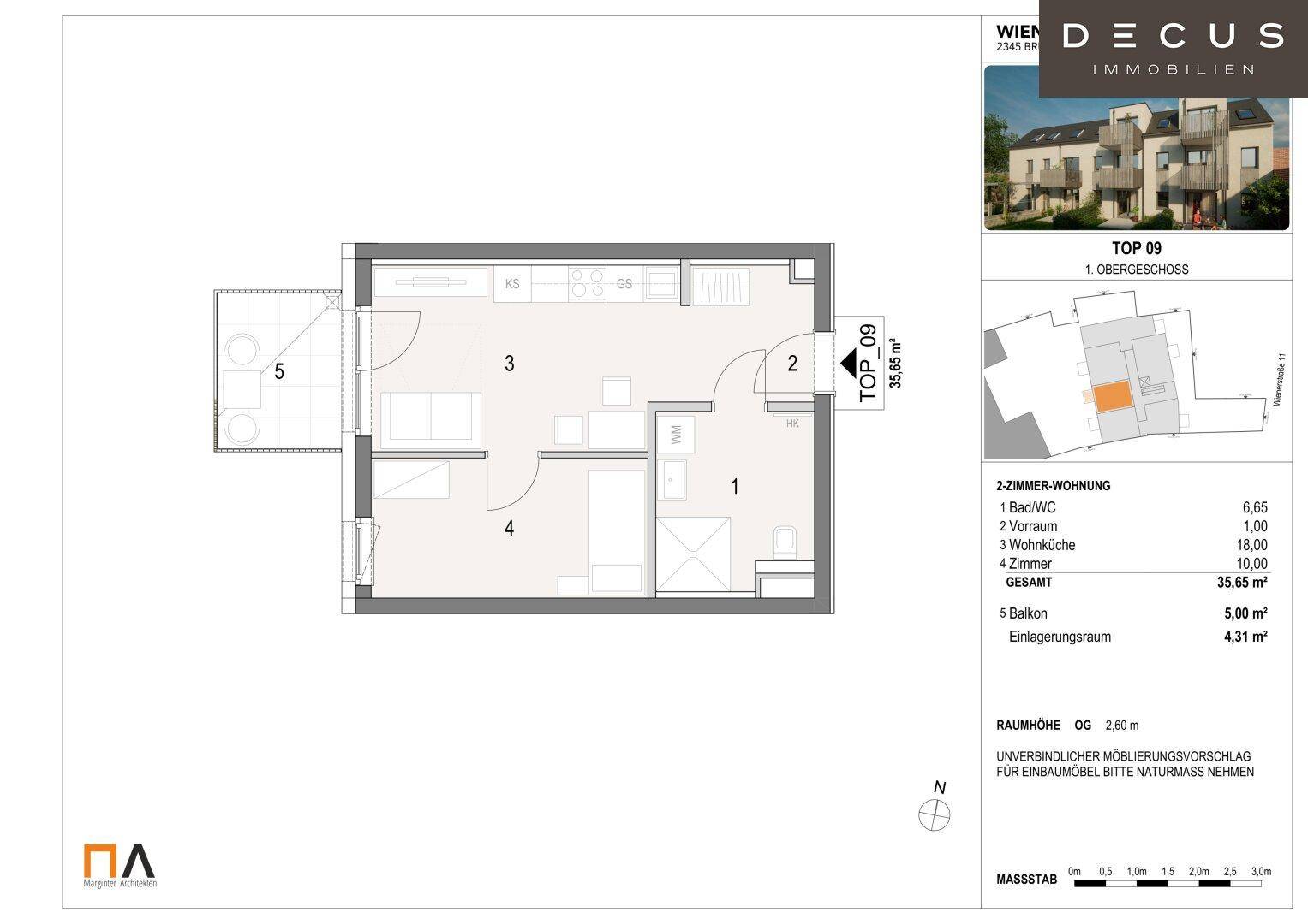 Grundriss der Obergeschosswohnung TOP 09 mit Wohnküche, Schlafzimmer, Bad und Balkon.