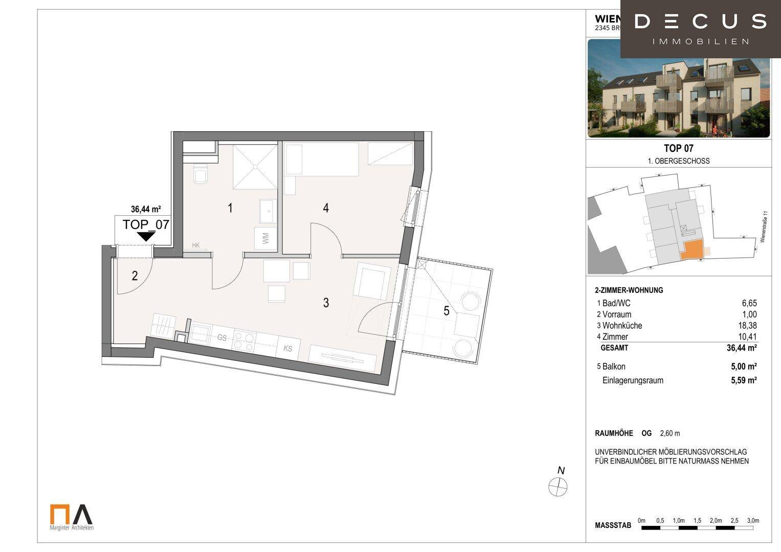 Grundriss der Obergeschosswohnung TOP 07 mit Wohnküche, Schlafzimmer, Bad und Balkon.