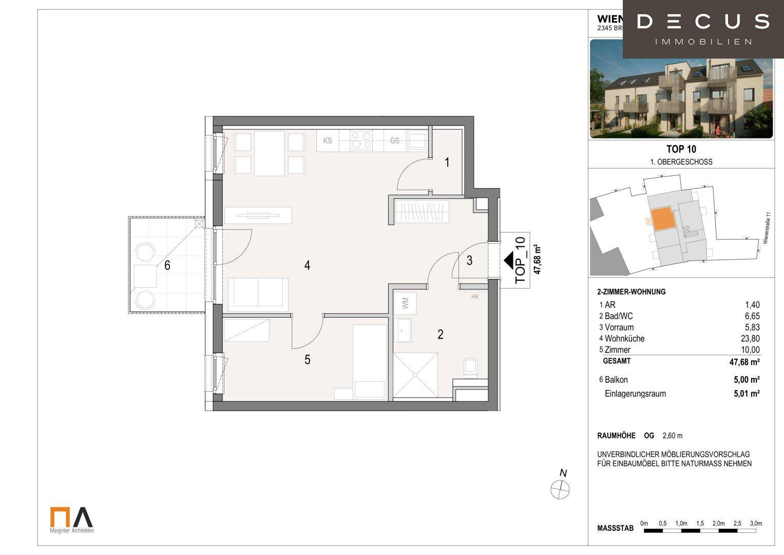 Grundriss der Obergeschosswohnung TOP 10 mit Wohnküche, Schlafzimmer, Bad und Balkon.