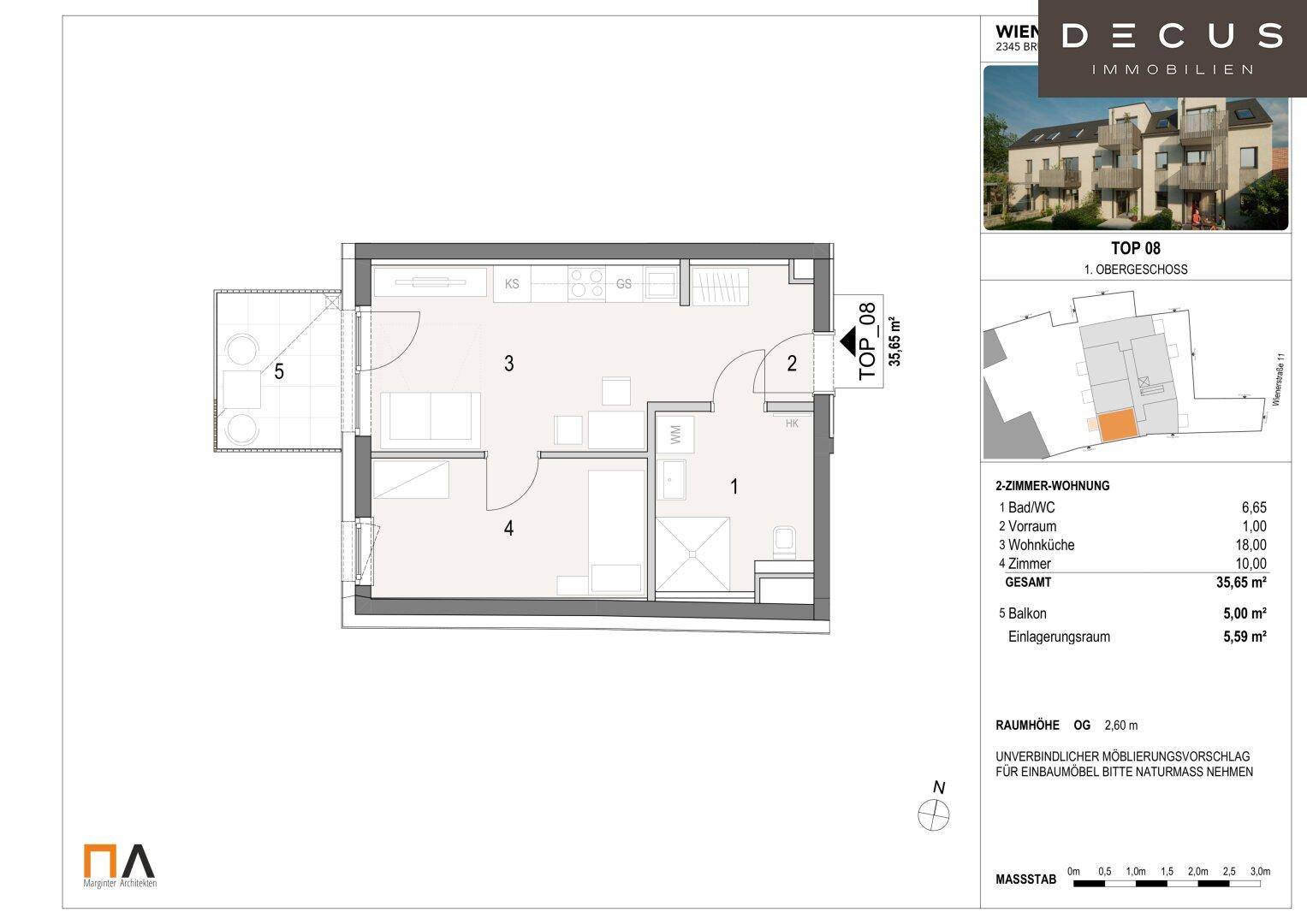 Grundriss der Obergeschosswohnung TOP 08 mit Wohnküche, Schlafzimmer, Bad und Balkon.