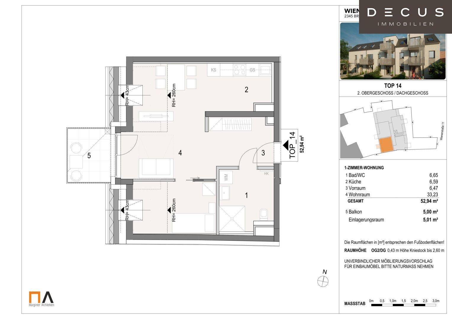 Grundriss der Dachgeschosswohnung TOP 14 mit Wohnküche, Schlafzimmer, Bad und Balkon.
