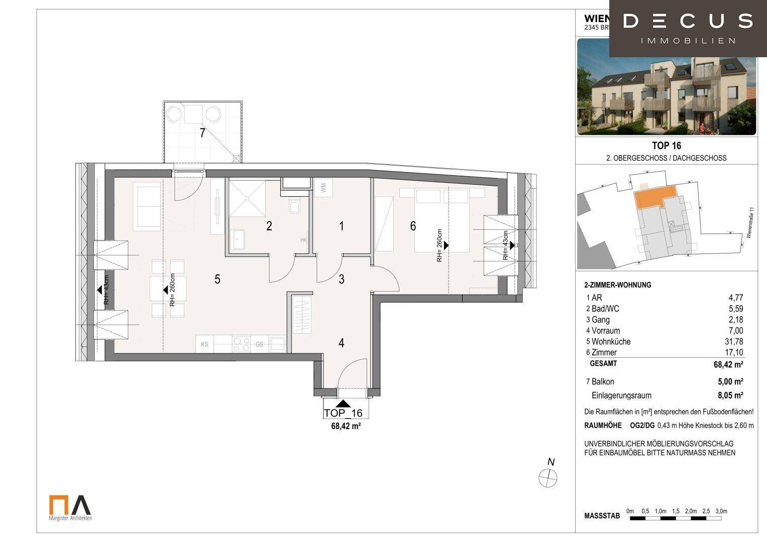 Grundriss der Dachgeschosswohnung TOP 16 mit langgestrecktem Wohnbereich und Balkonzugang.