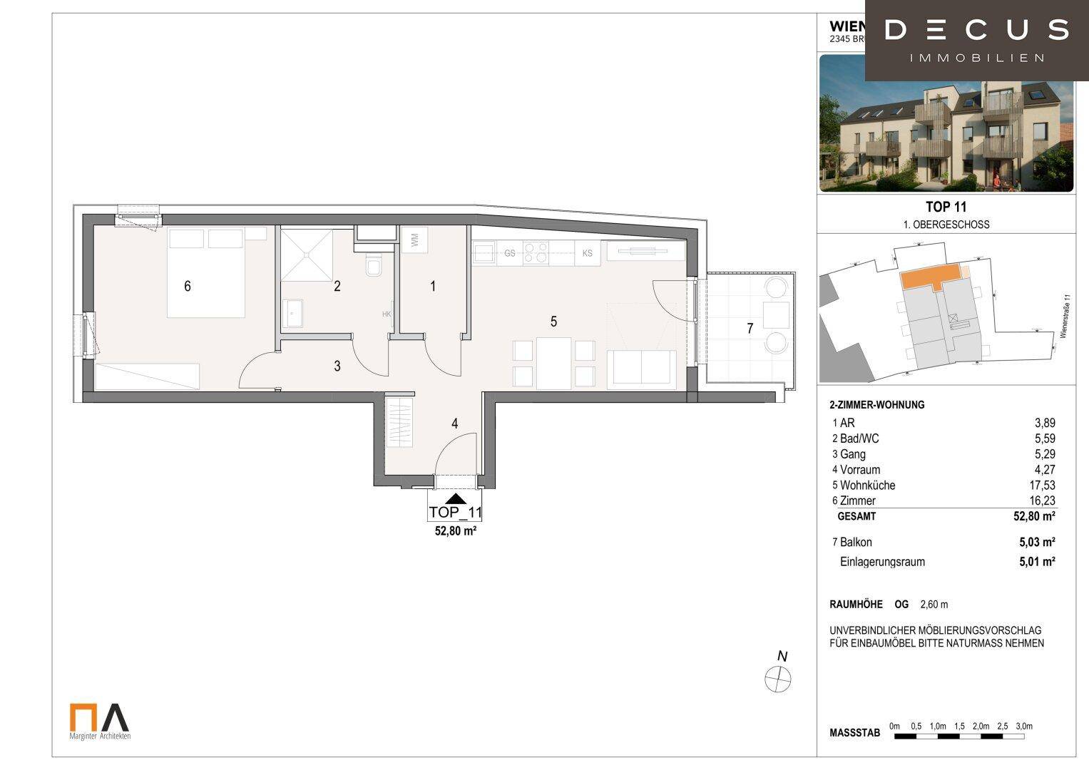Grundriss der Obergeschosswohnung TOP 11 mit langgestrecktem Wohnbereich und Balkonzugang.