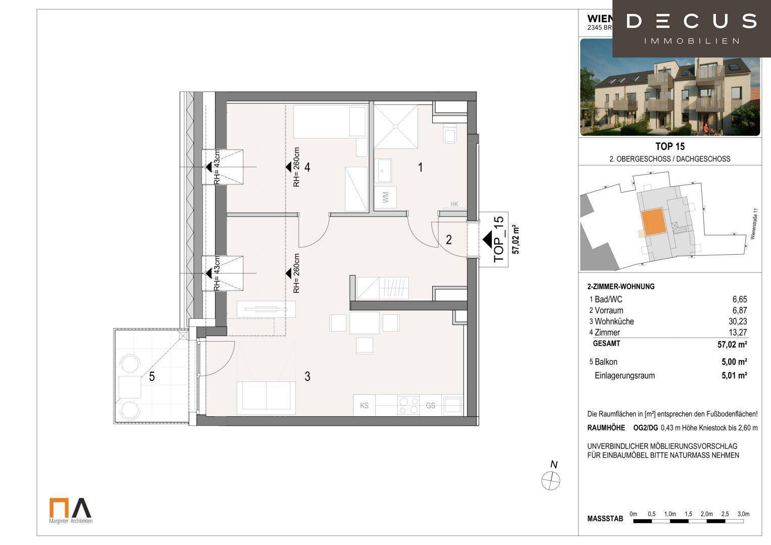Grundriss der Dachgeschosswohnung TOP 15 mit Wohnküche, Schlafzimmer, Bad und Balkon.