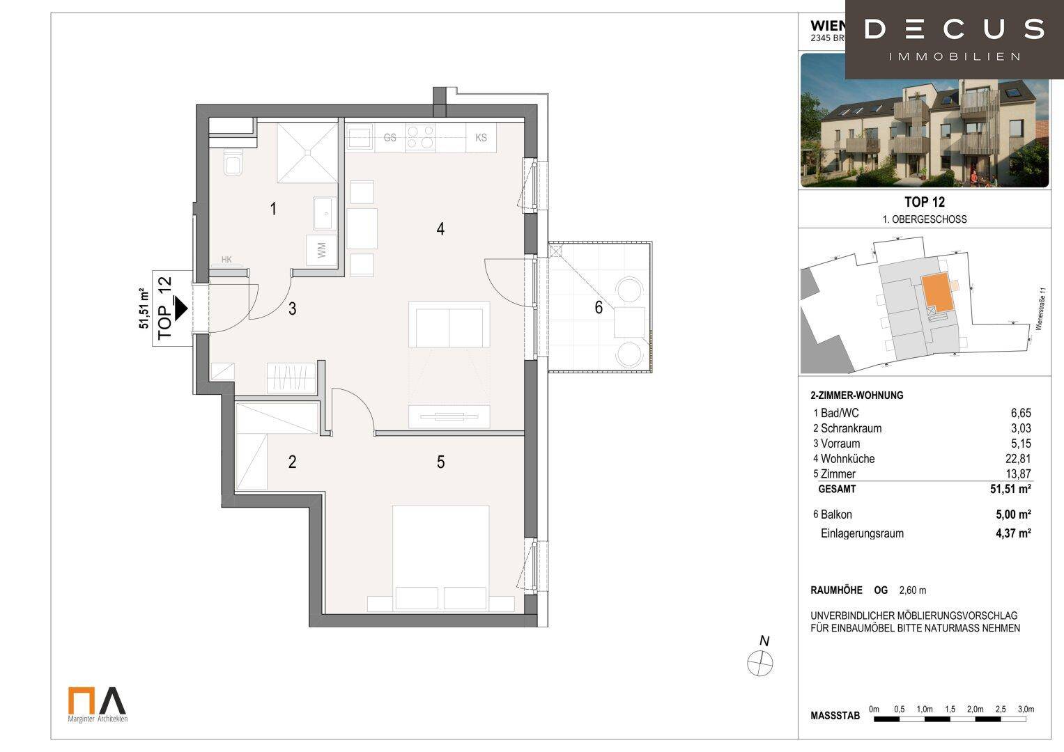 Grundriss der Obergeschosswohnung TOP 12 mit Wohnküche, Schlafzimmer, Bad und Balkon.