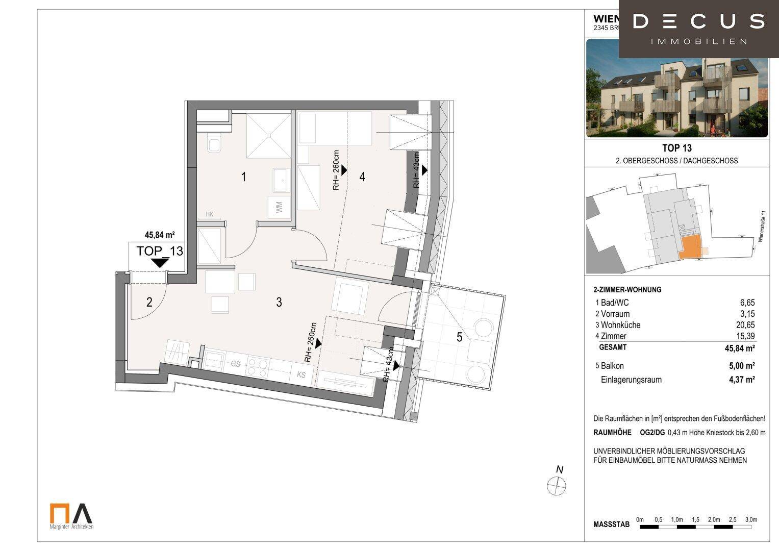 Grundriss der Dachgeschosswohnung TOP 13 mit Wohnküche, Schlafzimmer, Bad und Balkon.