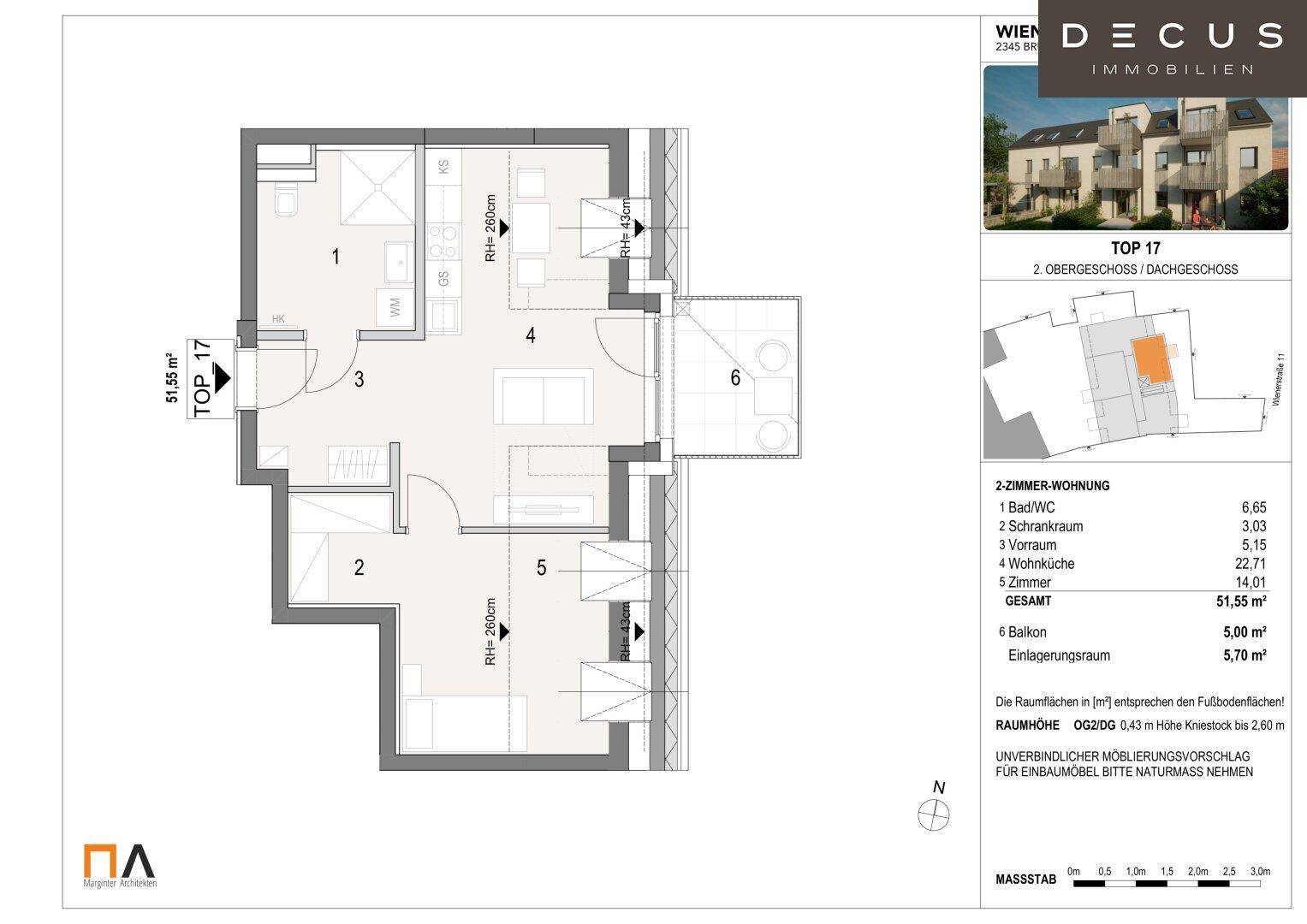 Grundriss der Dachgeschosswohnung TOP 17 mit Wohnküche, Schlafzimmer, Bad und Balkon.