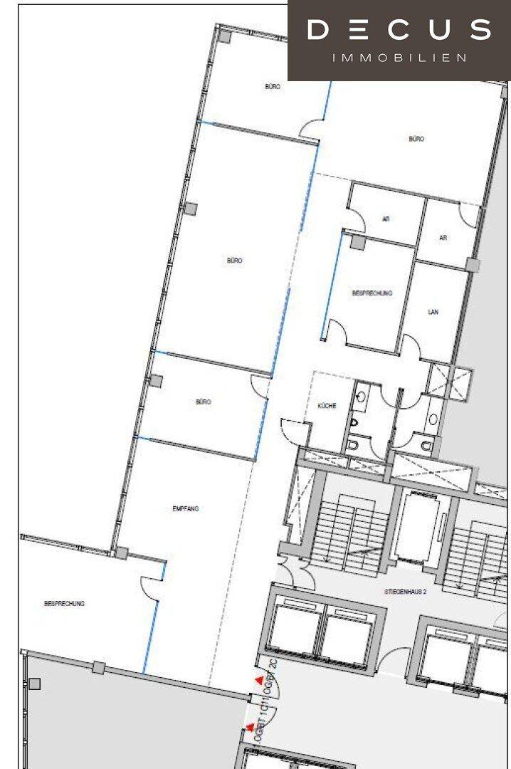 Detaillierter Grundriss einer Büroetage mit mehreren Büros, Besprechungsraum und Küche.