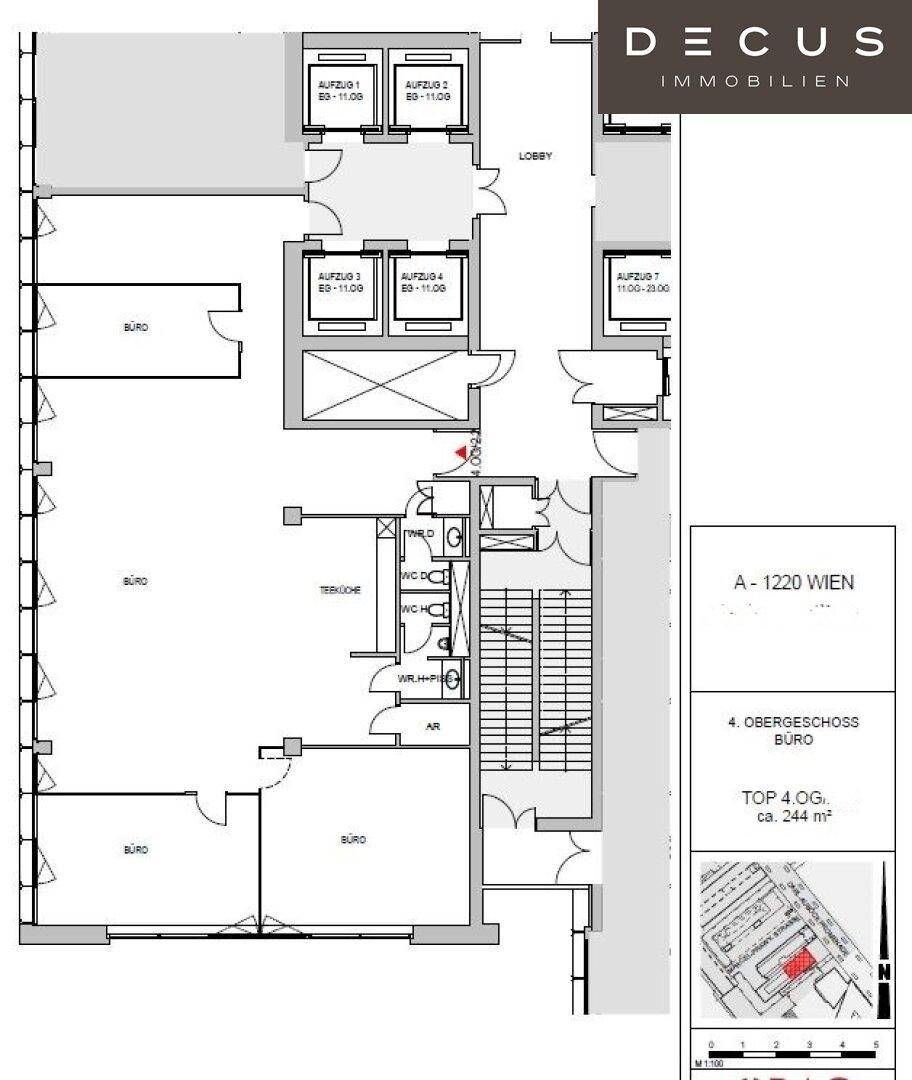 Grundriss des 4. Obergeschosses mit Büroräumen, Teeküche und mehreren Aufzügen.
