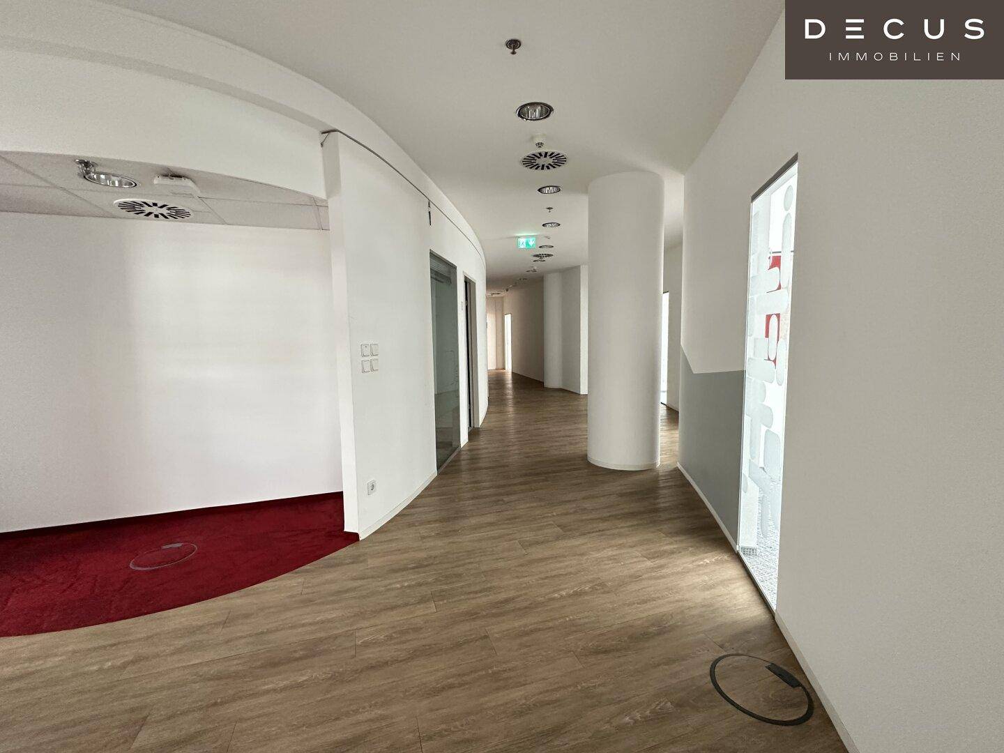 Langer Büroflur mit Laminatboden, geschwungenen Wänden und mehreren Türen zu den Büroräumen.