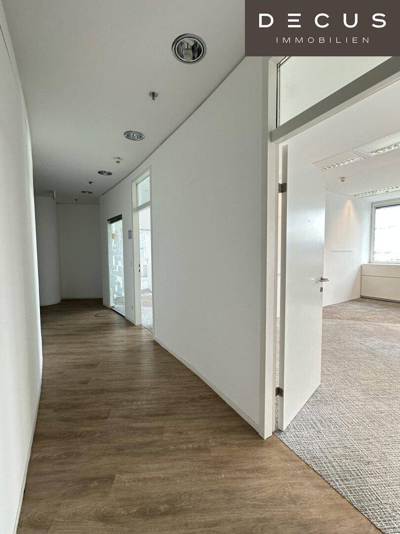 Büroflur mit Laminatboden und offenen Türen, die zu Teppichböden in den Büroräumen führen.
