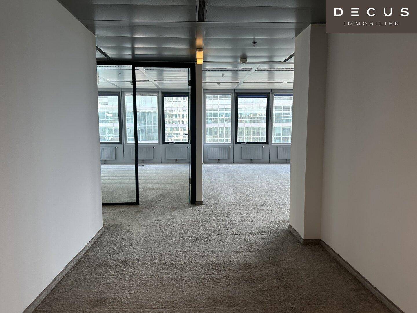 Blick durch einen Türrahmen in ein großes, leeres Büro mit Teppichboden und Fensterfront.