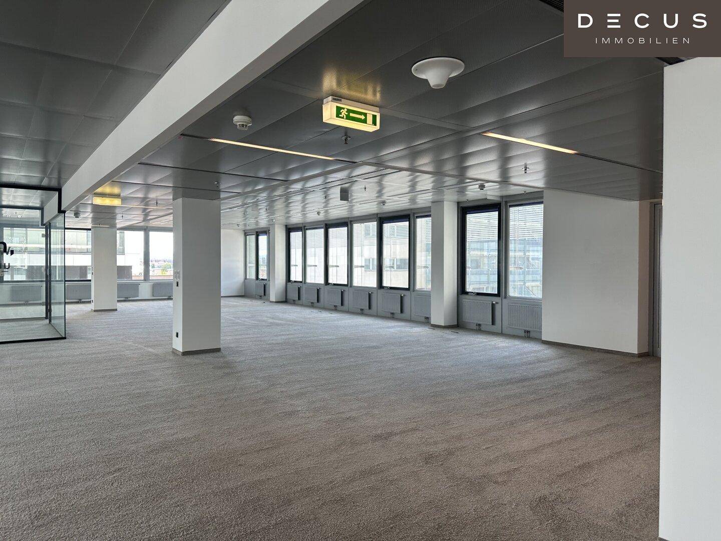 Weitläufiges Büro mit Teppichboden, Säulen und einer Fensterfront, die viel Tageslicht hereinlässt.