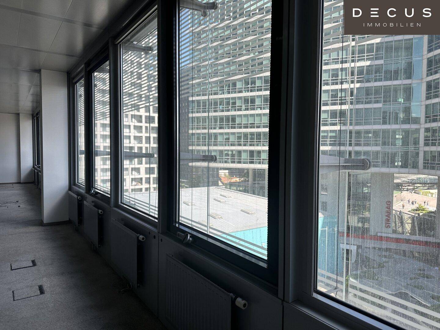 Langer Büroraum mit Teppichboden und einer durchgehenden Fensterfront, die viel Licht spendet.