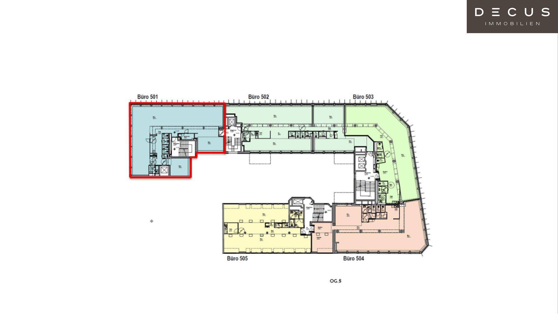 Grundriss eines Bürogebäudes mit mehreren flexiblen Büroeinheiten und zentralen Erschließungskernen.