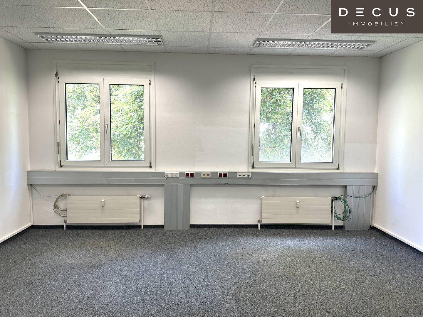 Leeres Büro mit Teppichboden, weißen Wänden und zwei Fenstern, die Tageslicht hereinlassen.