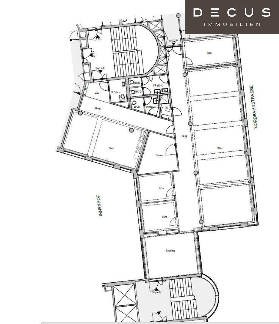 Grundriss eines Bürogebäudes mit verschiedenen Räumen und der Nordbahnstraße.