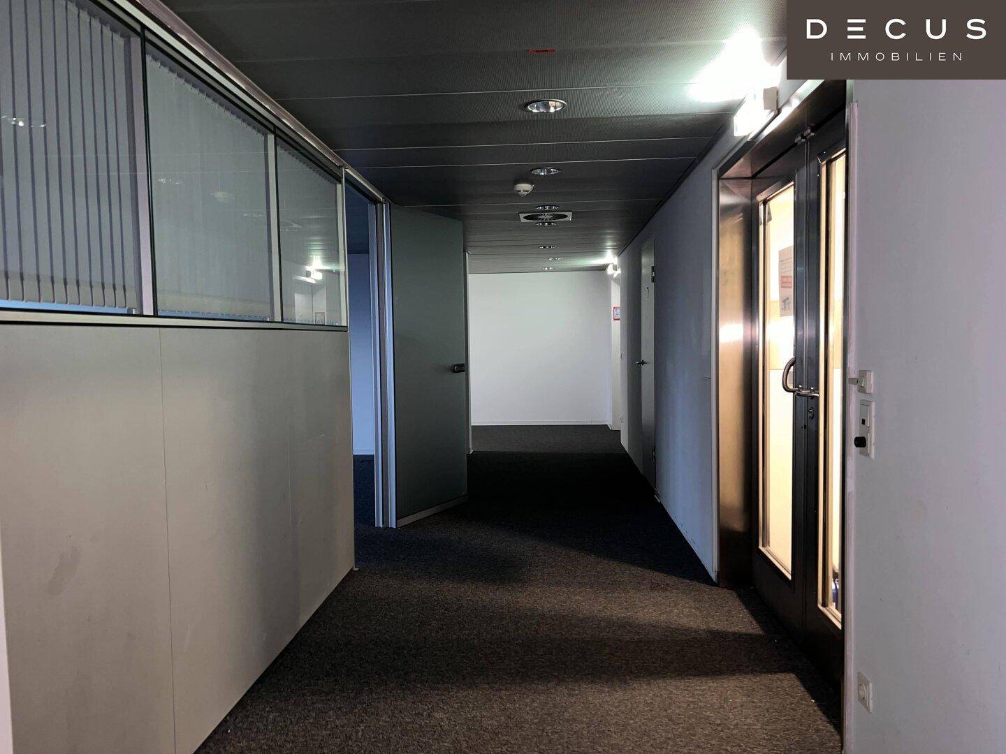 Langer Bürogang mit Teppichboden, Glastrennwänden und mehreren Türen, der zu verschiedenen Büros führt.