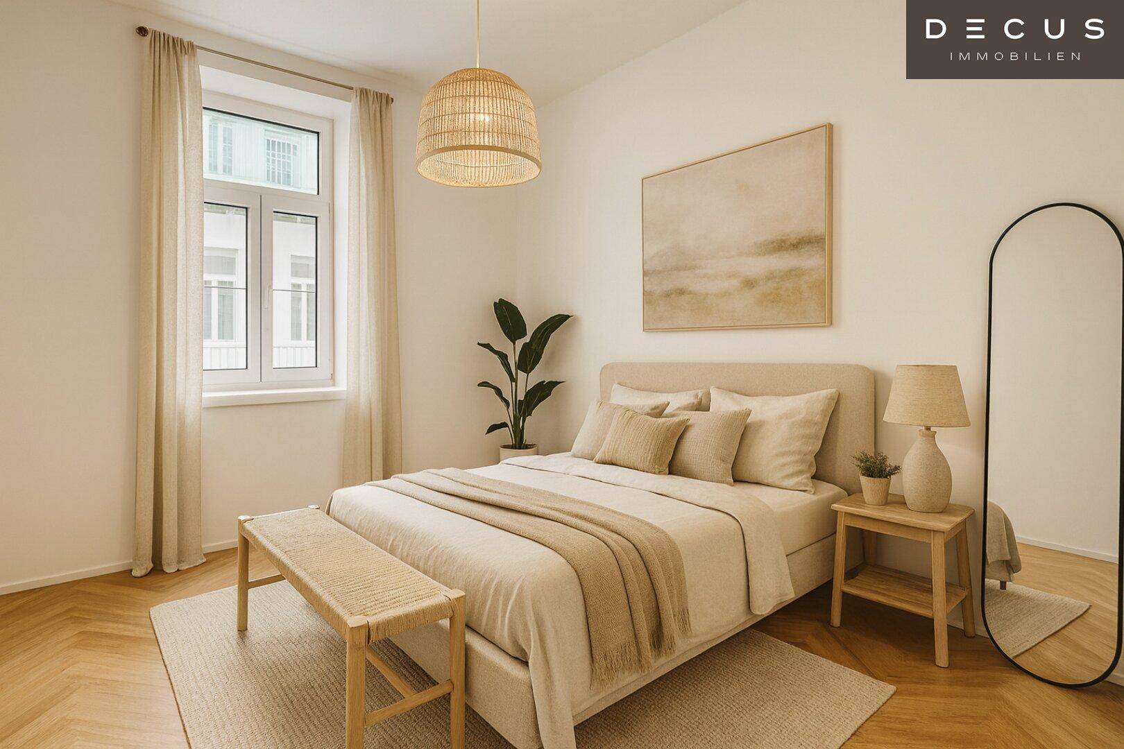 Gemütliches Schlafzimmer mit Doppelbett, Holzboden und moderner Dekoration.