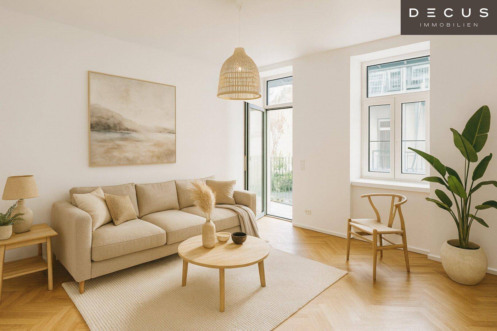 Gemütlicher Wohnbereich mit beigem Sofa, Holzboden und Zugang zum Balkon.