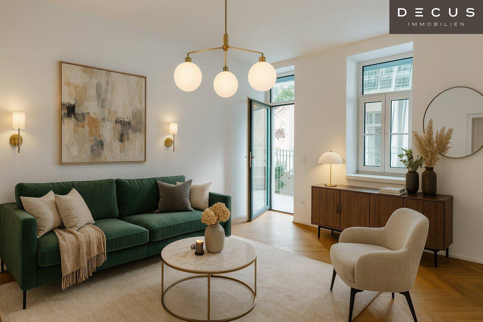 Stilvolles Wohnzimmer mit grünem Sofa, Marmortisch und Zugang zum Balkon.