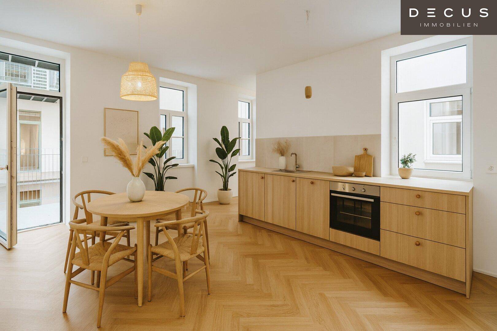 Offene Küche mit hellen Holzschränken, integriertem Backofen und Essbereich mit Holztisch.