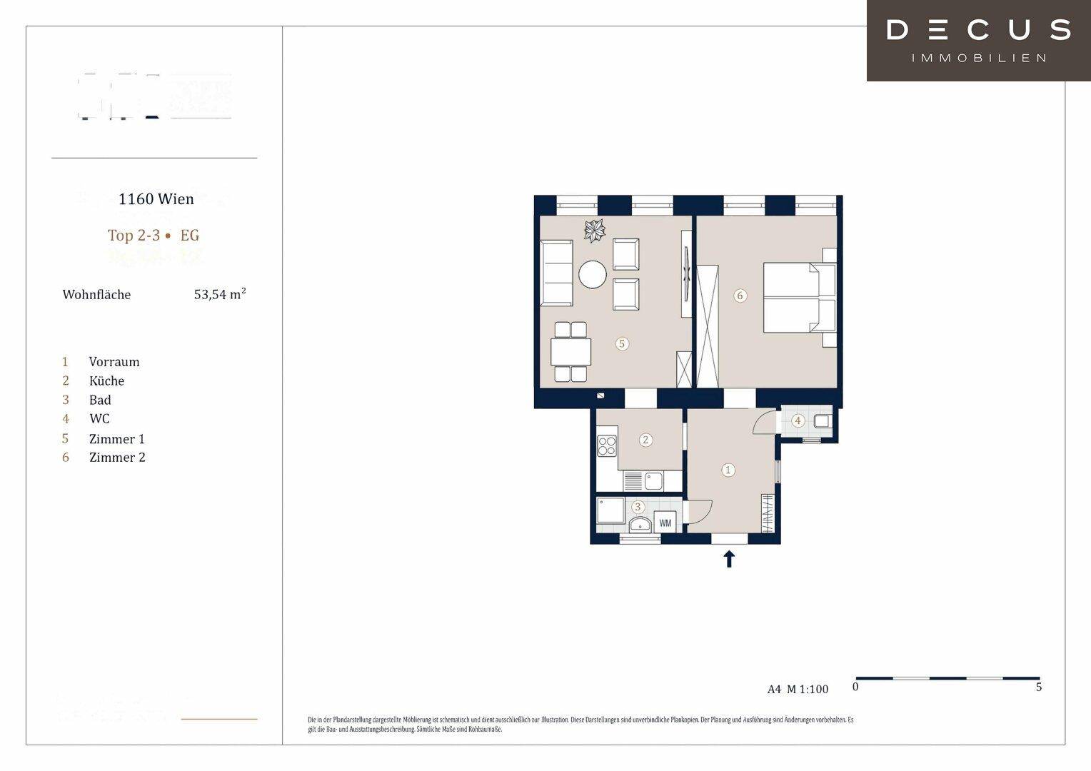 Grundriss einer Wohnung mit zwei Zimmern, Küche und Bad auf 53,54 m² Wohnfläche.