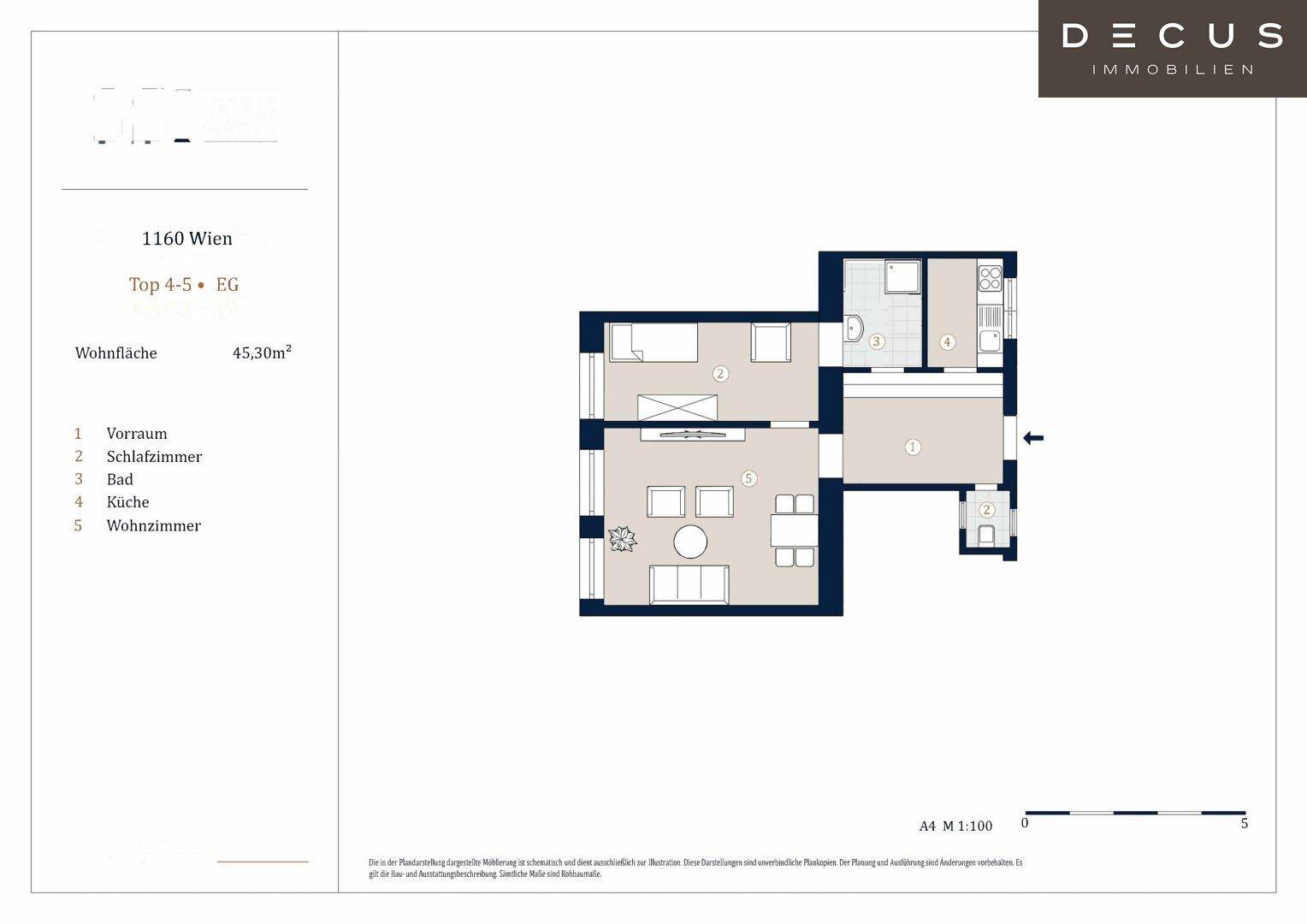 Grundriss einer 45,30 m² Wohnung mit Vorraum, Schlafzimmer, Bad, Küche und Wohnzimmer.