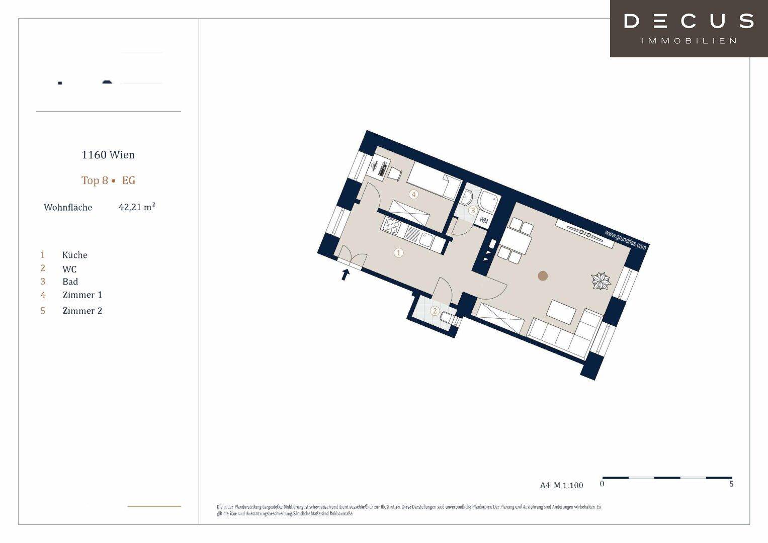 Grundriss einer Wohnung mit zwei Zimmern, Küche, Bad und WC auf 42,21 m², inklusive Balkon.
