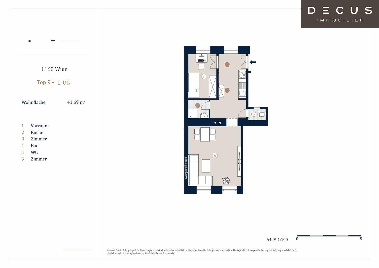 Grundriss einer 41,69 m² großen Wohnung mit separater Küche und zwei Zimmern.
