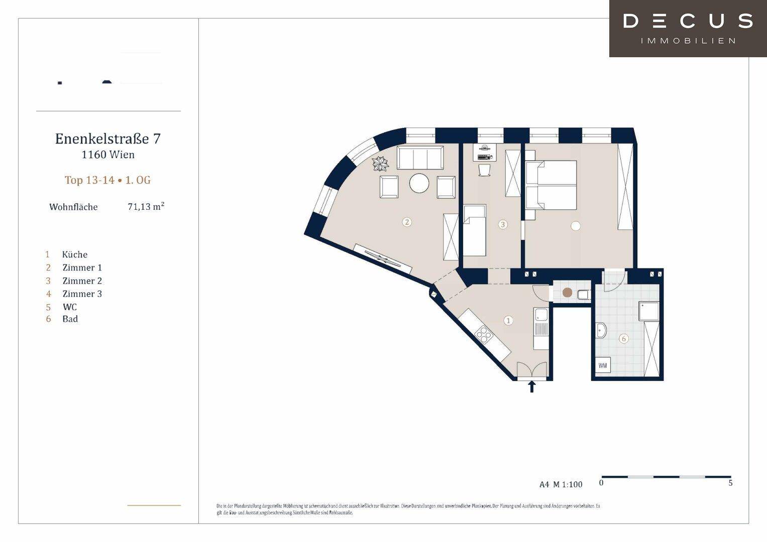Grundriss der Wohnung mit drei Zimmern, Küche, Bad und WC auf 71,13 m².