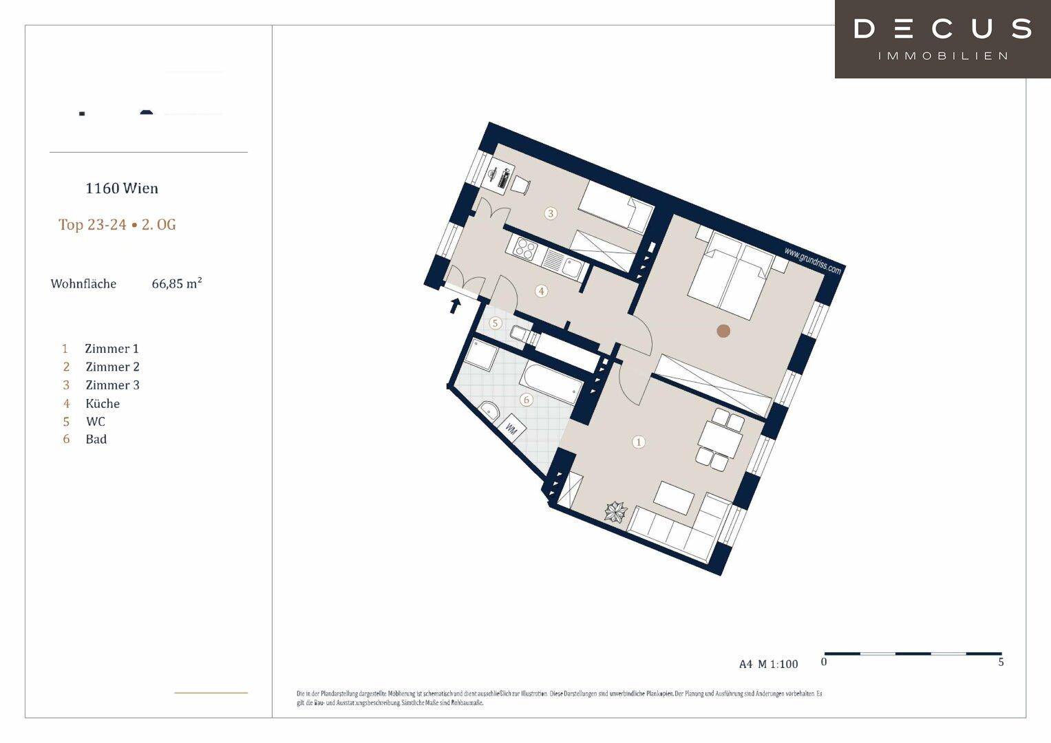 Grundriss einer Wohnung mit drei Zimmern, Küche und Bad auf 66,85 m² Wohnfläche.