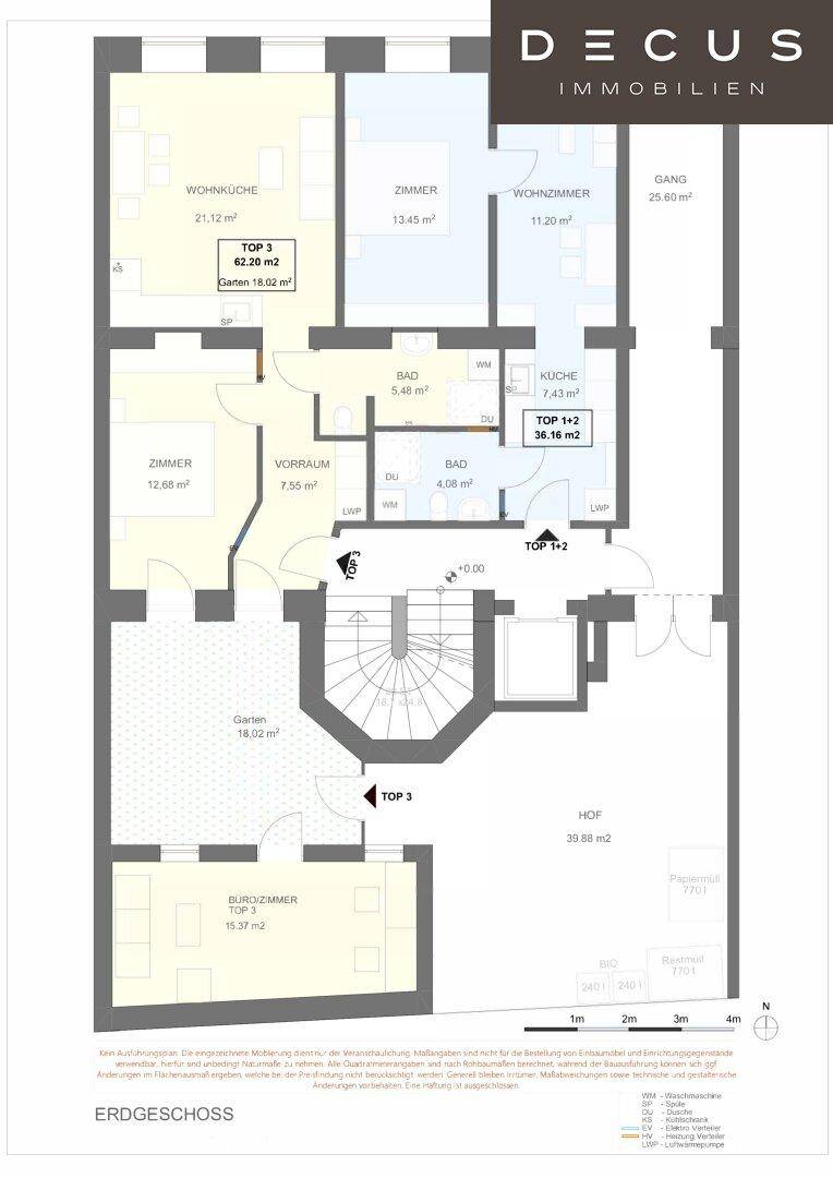 Grundriss des Erdgeschosses mit zwei Wohnküchen, mehreren Zimmern, Bädern und Gartenbereichen.