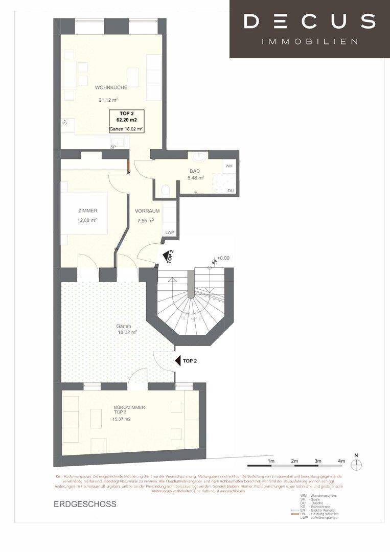Grundriss des Erdgeschosses mit Wohnküche, Zimmer, Bad und Garten.