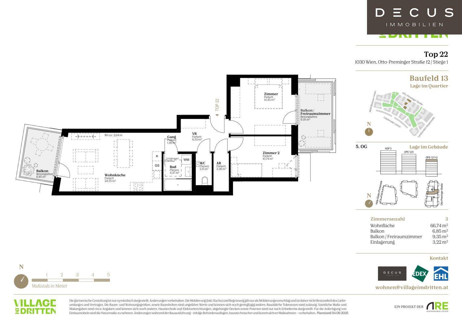 Detaillierter Grundriss einer Wohnung mit Wohnküche, zwei Zimmern und Balkon.
