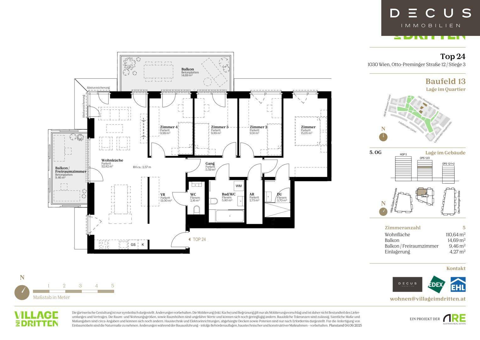Detaillierter Grundriss der Wohnung Top 24 mit vier Zimmern und zwei Balkonen.