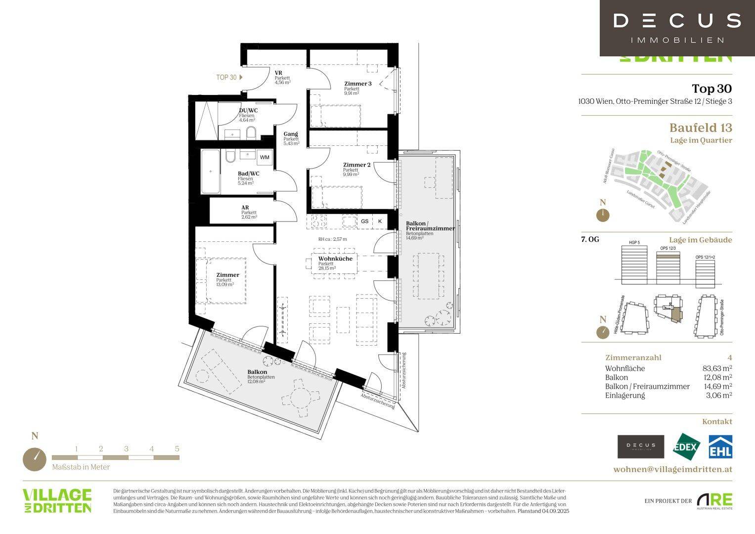 Detaillierter Grundriss einer 4-Zimmer-Wohnung mit Balkon und Freiraumzimmer.