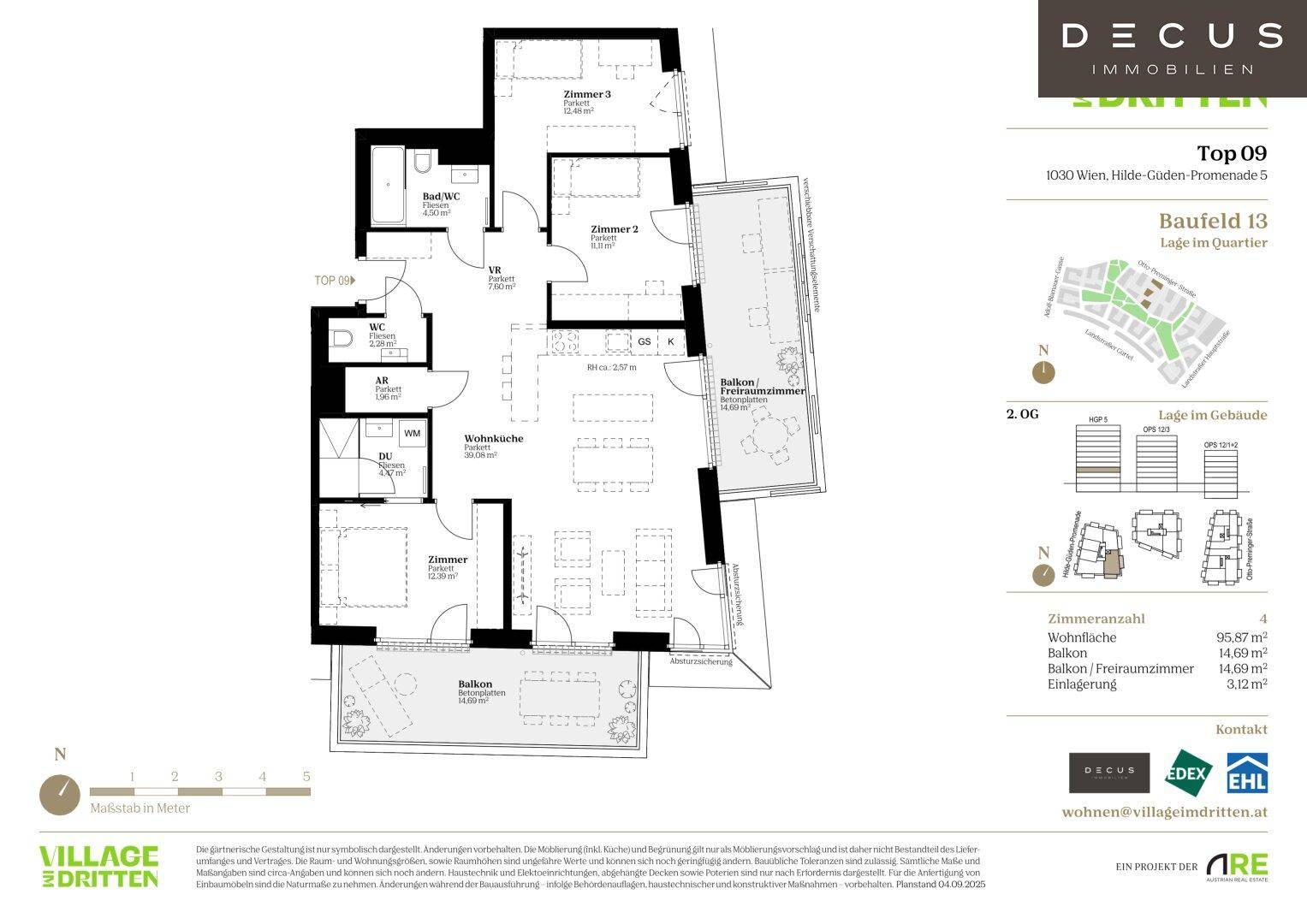 Detaillierter Grundriss einer Wohnung mit drei Zimmern, Balkon und separatem WC.