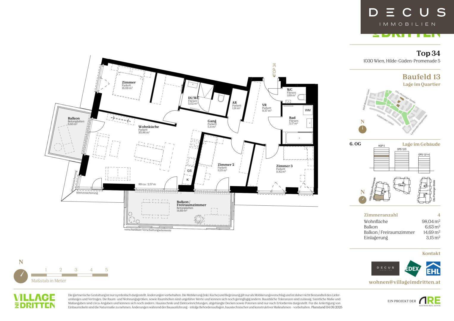 Grundriss einer Wohnung mit drei Zimmern, offener Wohnküche, Balkon und Terrasse.