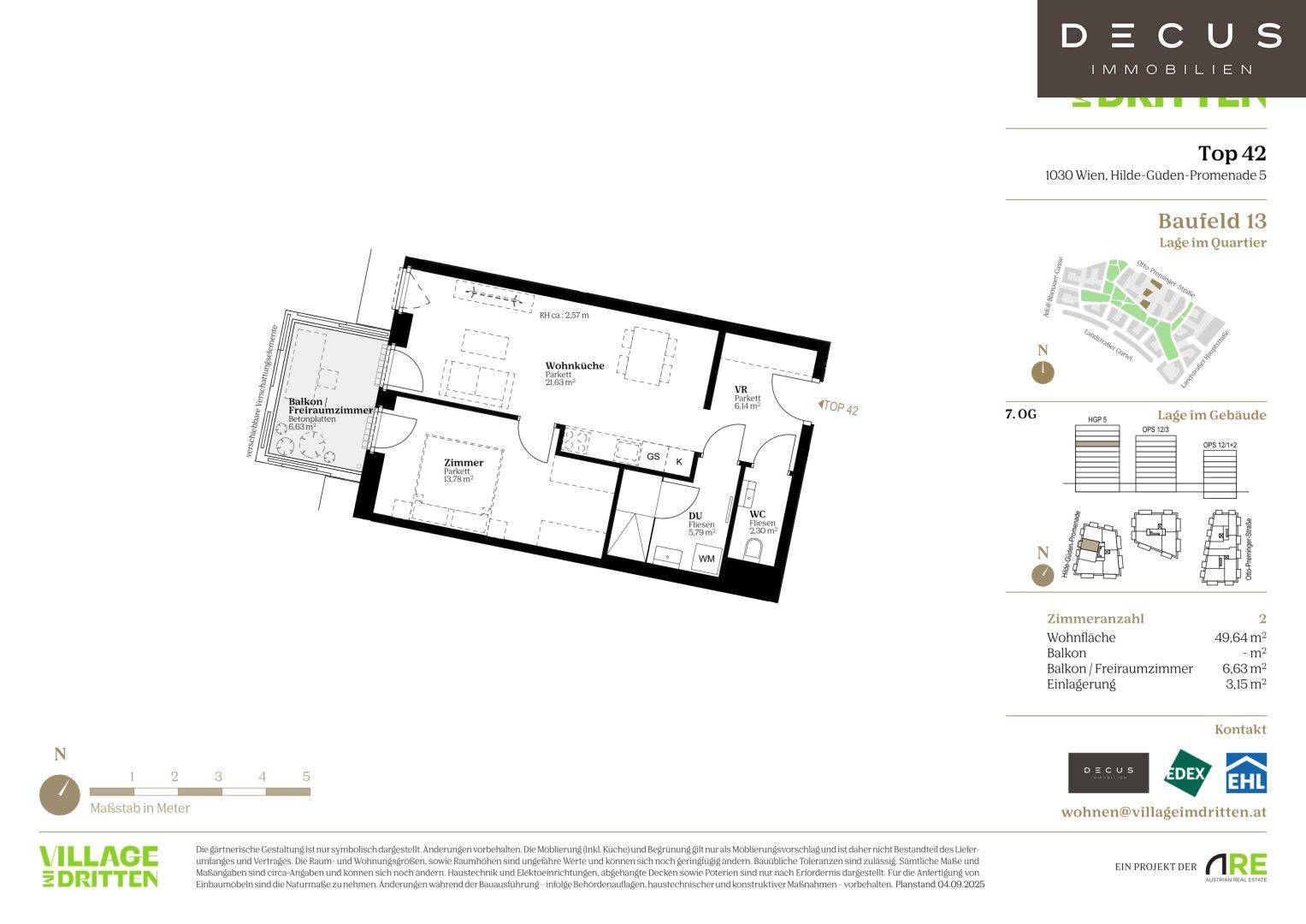 Grundriss einer Wohnung mit Balkon, Wohnküche und separatem Zimmer.