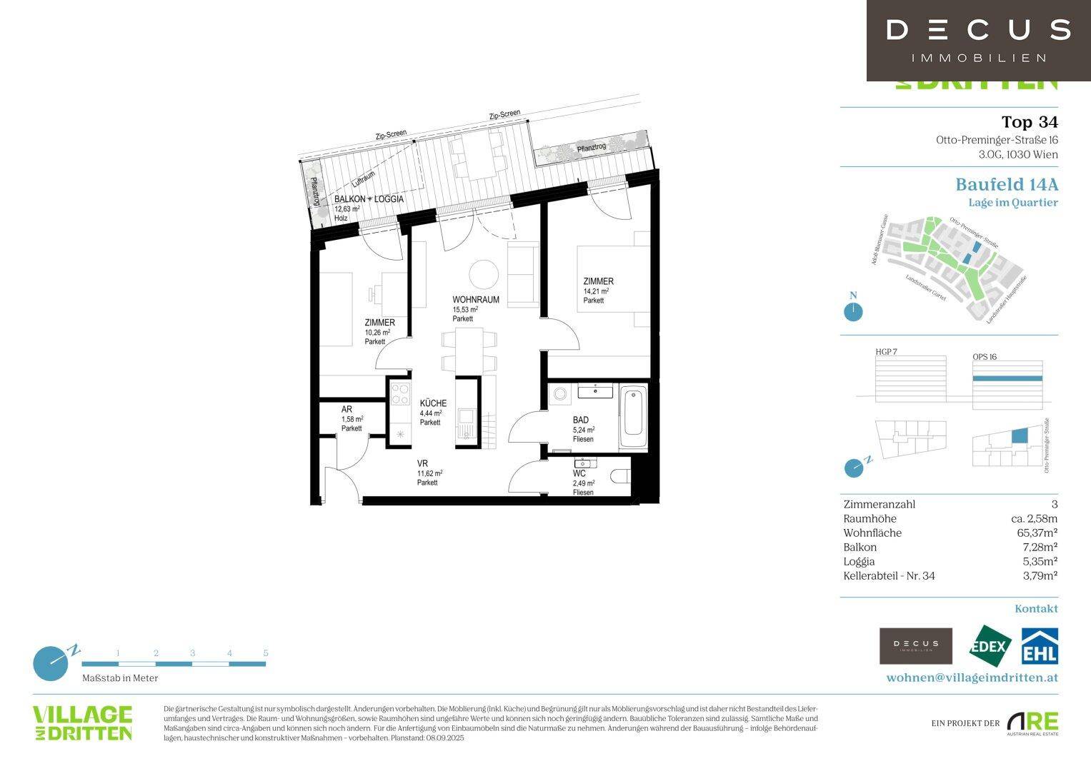 Grundriss einer Wohnung mit Balkon, drei Zimmern und separatem WC.