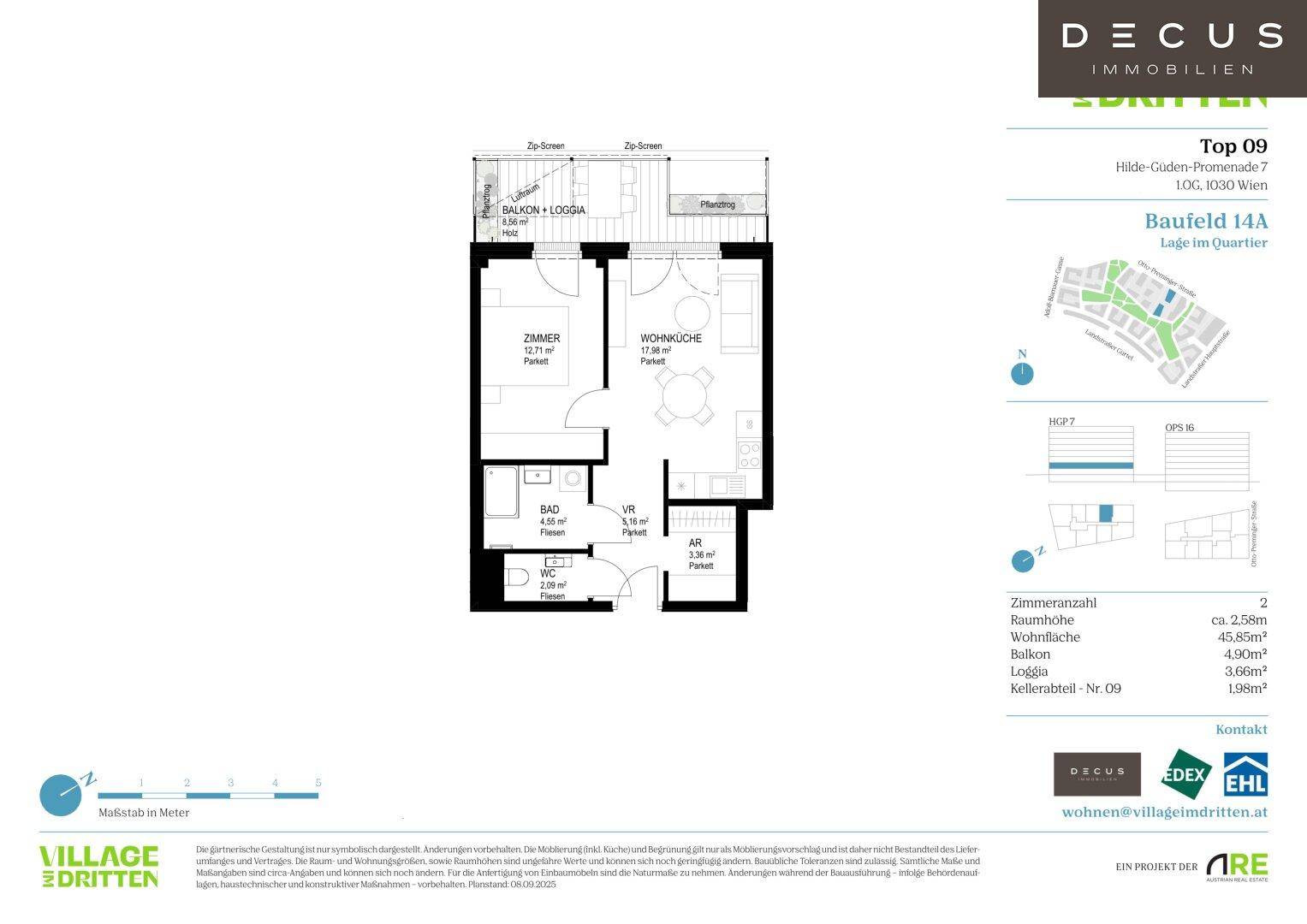 Detaillierter Grundriss einer Wohnung mit Balkon/Loggia und separatem WC.