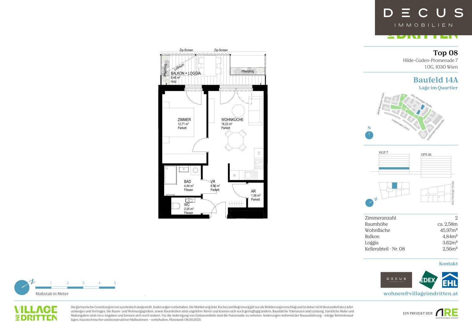 Grundriss einer Wohnung mit Wohnküche, Schlafzimmer, Bad und kombiniertem Balkon-Loggia-Bereich.